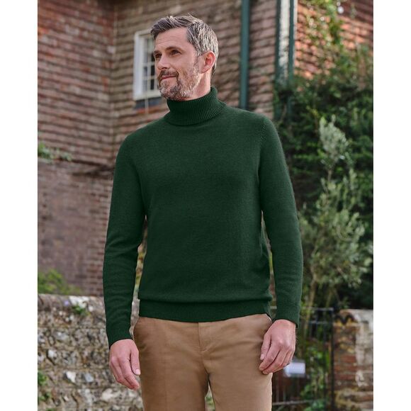 WoolOvers Mens Cashmere Polo Neck Sweater / Dark Forest